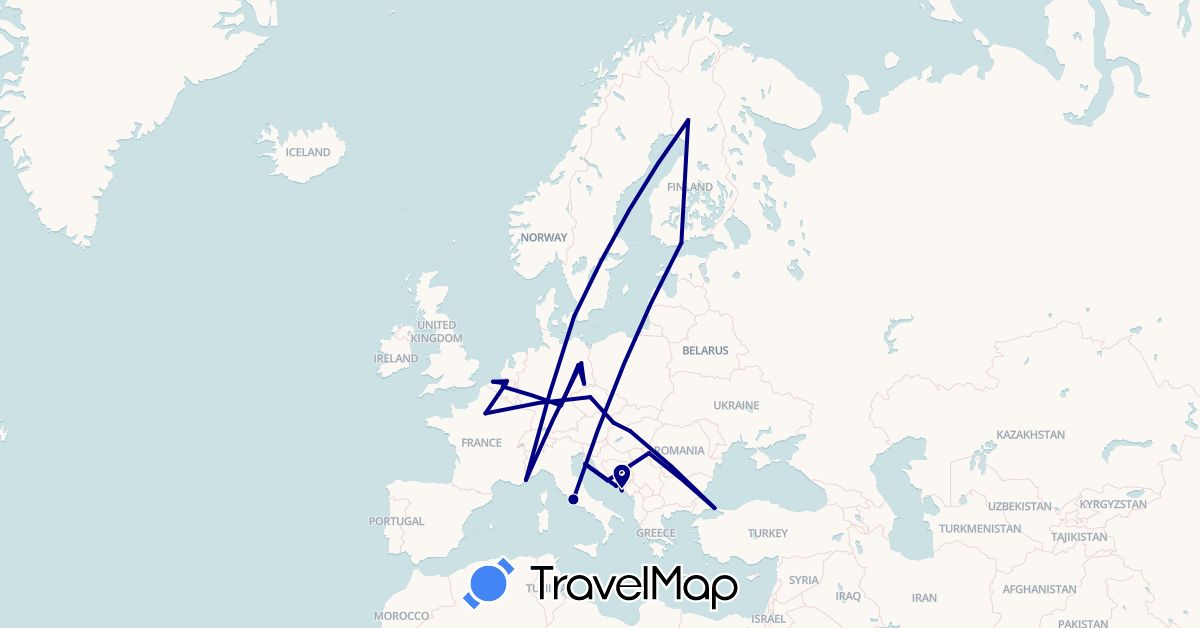 TravelMap itinerary: driving in Bosnia and Herzegovina, Belgium, Czech Republic, Germany, Denmark, Finland, France, Croatia, Hungary, Italy, Romania, Slovakia, Turkey (Asia, Europe)